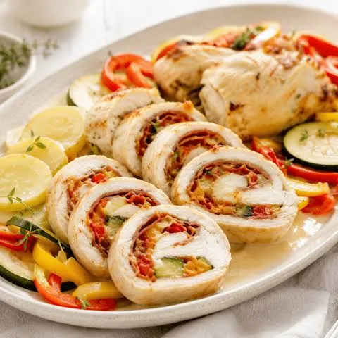 Roulés de poulet farcis coupés en tranches